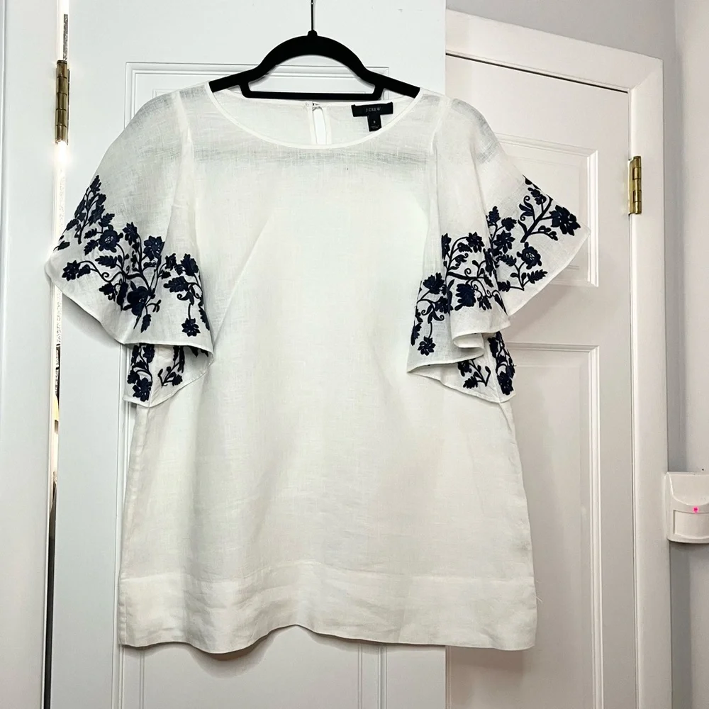 J. Crew White Linen Blouse with Blue Floral Embroidery - Picture 1 of 6